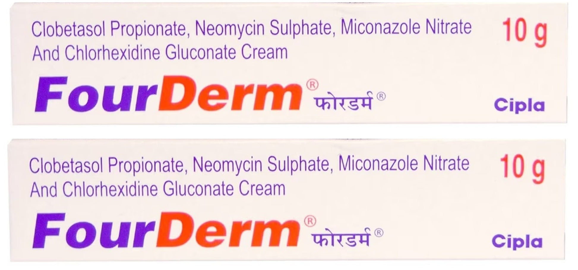 FourDerm cream packaging with Clobetasol Propionate, Neomycin Sulphate, Miconazole Nitrate, and Chlorhexidine Gluconate.