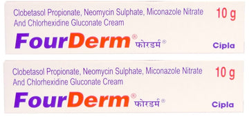 FourDerm cream packaging with Clobetasol Propionate, Neomycin Sulphate, Miconazole Nitrate, and Chlorhexidine Gluconate.