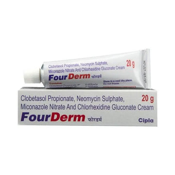 FourDerm cream tube and box on a white background