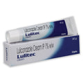 A tube of Lulitec IP 1% w/w Luliconazole Cream resting on top of its matching 30 g cardboard box, both featuring a white and navy blue design with the brand name Lulitec and manufacturer Cipla.