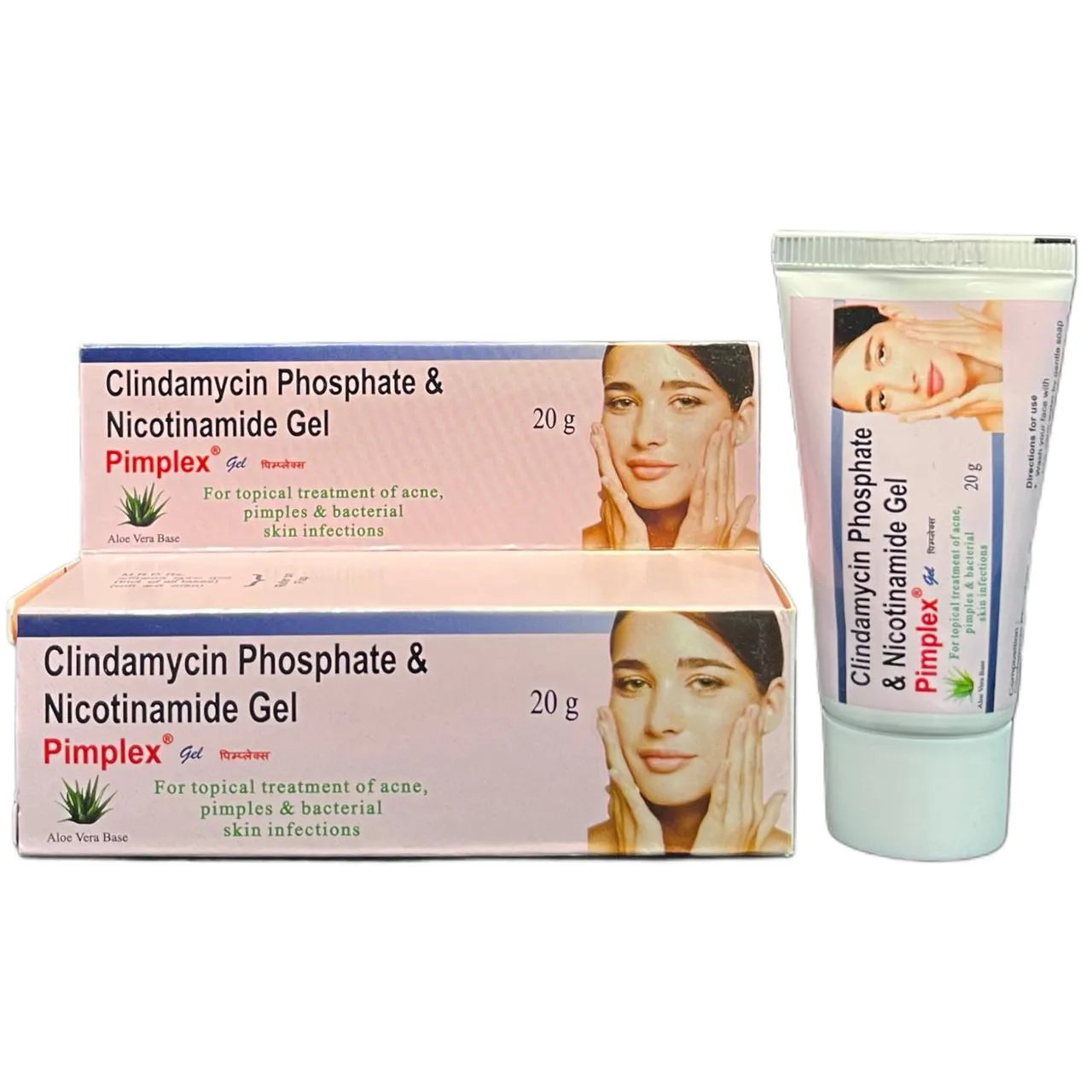 Pimplex Clindamycin Phosphate & Nicotinamide Gel packaging and tube on a white background