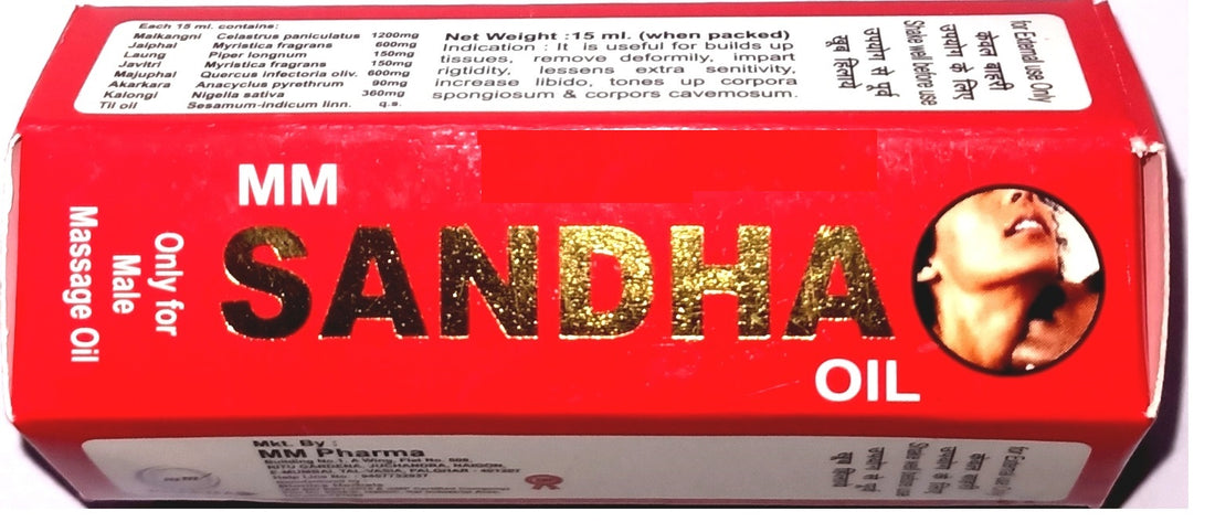 Red box of MM Sandha Oil with text and a photo on a white background