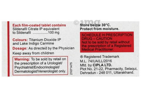 Box of Sildenafil Citrate Tablets IP Suhagra 100mg by Cipla on a white background